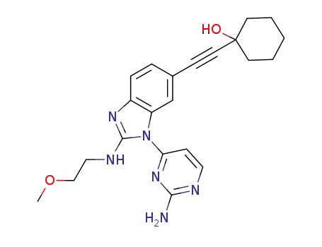 Molecular Structure of 1394121-05-1 (1-[2-[1-(2-aminopyrimidin-4-yl)-2-[(2-methoxyethyl)amino]-1H-1,3-benzodiazol-6-yl]ethynyl]cyclohexan-1-ol)