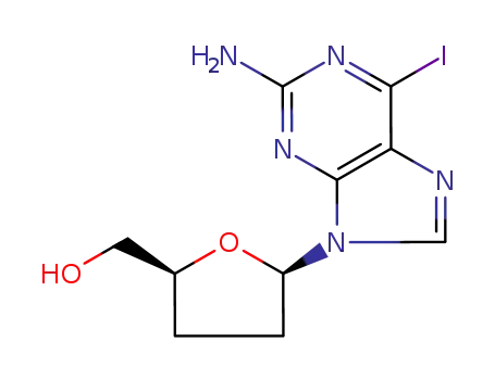 Molecular Structure of 132194-23-1 ((2S)-5α-(2-Amino-6-iodo-9H-purine-9-yl)tetrahydrofuran-2α-methanol)