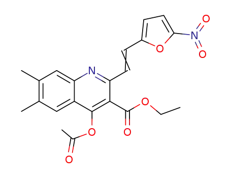 Molecular Structure of 88960-49-0 (3-Quinolinecarboxylic acid,
4-(acetyloxy)-6,7-dimethyl-2-[2-(5-nitro-2-furanyl)ethenyl]-, ethyl ester)