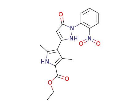 Molecular Structure of 87661-09-4 (1-(o-nitrophenyl)-3-(2,4-dimethyl-5-ethoxycarbonyl-3-pyrrolyl)-5-oxopyrazole)