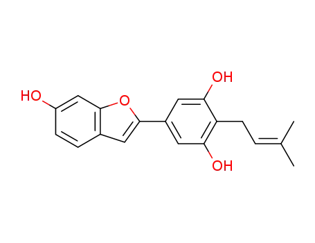 Molecular Structure of 69120-06-5 (5-(6-Hydroxybenzofuran-2-yl)-2-(3-methyl-2-butenyl)-1,3-benzenediol)