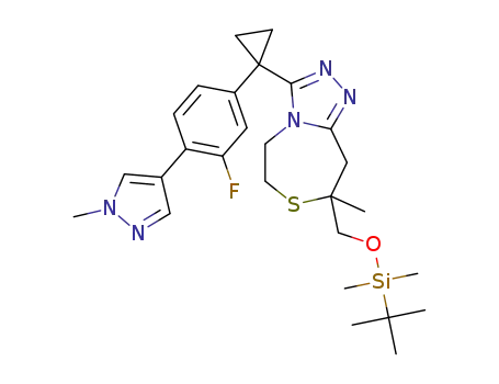 Molecular Structure of 1403396-91-7 (8-({[tert-butyl(dimethyl)silyl]oxy}methyl)-3-{1-[3-fluoro-4-(1-methyl-1H-pyrazol-4-yl)phenyl]cyclopropyl}-8-methyl-5,6,8,9-tetrahydro[1,2,4]triazolo[4,3-d][1,4]thiazepine)