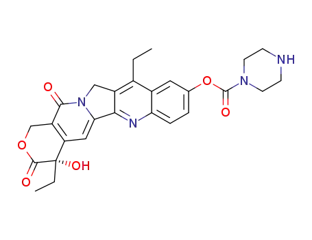Molecular Structure of 97682-37-6 ((S)-4,11-diethyl-4-hydroxy-3,14-dioxo-3,4,12,14-tetrahydro-1H-pyrano[3',4':6,7]indolizino[1,2-b]quinolin-9-yl piperazine-1-carboxylate)