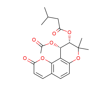 Molecular Structure of 6005-18-1 (3-Methylbutyric acid [[9R,10R,(+)]-10-acetoxy-9,10-dihydro-8,8-dimethyl-2-oxo-2H,8H-benzo[1,2-b:3,4-b']dipyran-9-yl] ester)