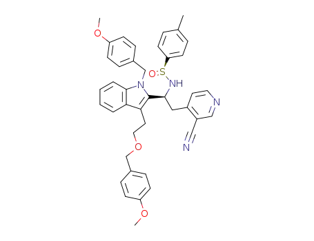 Molecular Structure of 915415-75-7 ((S<sub>s</sub>)-(-)-N-[(1S)-2-(3-cyanopyridin-4-yl)-1-(1-(4-methoxybenzyl)-3-{2-[(4-methoxybenzyl)oxy]ethyl}-1H-indol-2-yl)-ethyl]-4-methylbenzenesulfinamide)