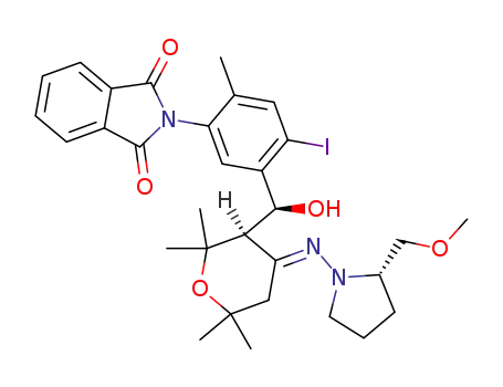 Molecular Structure of 944262-97-9 (2-[5-((S)-Hydroxy-{(R)-4-[(E)-(S)-2-methoxymethyl-pyrrolidin-1-ylimino]-2,2,6,6-tetramethyl-tetrahydro-pyran-3-yl}-methyl)-4-iodo-2-methyl-phenyl]-isoindole-1,3-dione)