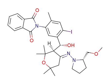 Molecular Structure of 944263-05-2 (2-[5-((R)-Hydroxy-{(R)-4-[(E)-(S)-2-methoxymethyl-pyrrolidin-1-ylimino]-2,2,6,6-tetramethyl-tetrahydro-pyran-3-yl}-methyl)-4-iodo-2-methyl-phenyl]-isoindole-1,3-dione)