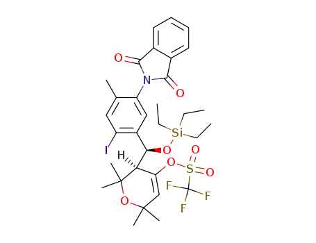 Molecular Structure of 389091-67-2 (Trifluoro-methanesulfonic acid (R)-3-{(S)-[5-(1,3-dioxo-1,3-dihydro-isoindol-2-yl)-2-iodo-4-methyl-phenyl]-triethylsilanyloxy-methyl}-2,2,6,6-tetramethyl-3,6-dihydro-2H-pyran-4-yl ester)