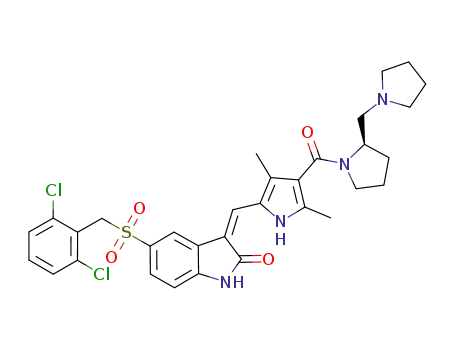 Molecular Structure of 477575-56-7 ((2R)-1-[[5-[(Z)-[5-[[(2,6-Dichlorophenyl)methyl]sulfonyl]-1,2-dihydro-2-oxo-3h-indol-3-ylidene]methyl]-2,4-dimethyl-1h-pyrrol-3-yl]carbonyl]-2-(1-pyrrolidinylmethyl)pyrrolidine)