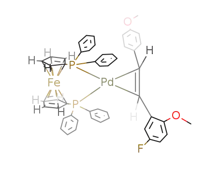 Molecular Structure of 124268-96-8 (Pd{1,1'-bis(diphenylphosphino)ferrocene}(η2-4-CH3OC6H4CH=CHC6H3-2-OCH3-5-F))
