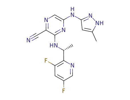 Molecular Structure of 1065267-77-7 (3-{[(1R)-1-(3,5-difluoropyridin-2-yl)ethyl]amino}-5-[(5-methyl-1H-pyrazol-3-yl)amino]pyrazine-2-carbonitrile)