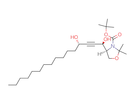 Molecular Structure of 488808-14-6 (3-Oxazolidinecarboxylic acid,
4-[(1R,4S)-1,4-dihydroxy-2-hexadecynyl]-2,2-dimethyl-,
1,1-dimethylethyl ester, (4S)-)