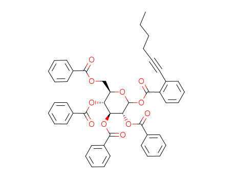 Molecular Structure of 1221151-98-9 (2,3,4,6-tetra-O-benzoyl-D-glucopyranosyl ortho-(hex-1-ynyl)benzoate)