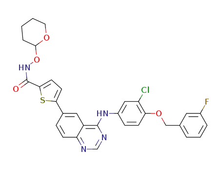 Molecular Structure of 1152131-88-8 (5-{4-[3-chloro-4-(3-fluorobenzyloxy)phenylamino]quinazolin-6-yl}thiophene-2-carboxylic acid (tetrahydropyran-2-yloxy)amide)