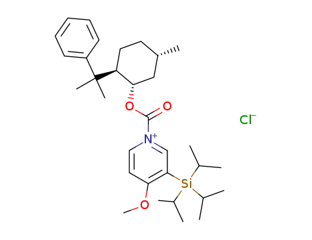 Molecular Structure of 144375-66-6 (4-Methoxy-1-[(1S,2R,5S)-5-methyl-2-(1-methyl-1-phenyl-ethyl)-cyclohexyloxycarbonyl]-3-triisopropylsilanyl-pyridinium; chloride)