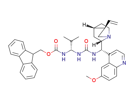 Molecular Structure of 1630982-03-4 ((9H-fluoren-9-yl)methyl ((R)-1-(3-((S)-(6-methoxyquinolin-4-yl)((1S,2S,4S,5R)-5-vinylquinuclidin-2-yl)methyl)ureido)-2-methylpropyl)carbamate)