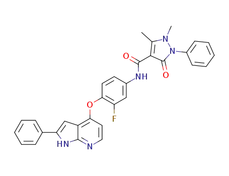Molecular Structure of 1221713-88-7 (1,5-dimethyl-3-oxo-2-phenyl-2,3-dihydro-1H-pyrazole-4-carboxylic acid [3-fluoro-4-(2-phenyl-1H-pyrrolo[2,3-b]pyridin-4-yloxy)-phenyl]-amide)