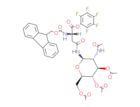 Molecular Structure of 132807-48-8 (N<sup>γ</sup>-(2-acetamido-3,4,6-tri-O-acetyl-2-deoxy-β-D-glucopyranosyl)-N<sup>α</sup>-(fluoren-9-ylmethoxycarbonyl)-L-asparagine pentafluorophenyl ester)