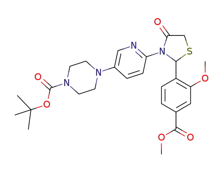 Molecular Structure of 1402049-25-5 (tert-butyl 4-(6-(2-(2-methoxy-4-(methoxycarbonyl)phenyl)-4-oxothiazolidin-3-yl)pyridin-3-yl)piperazine-1-carboxylate)