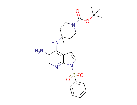 Molecular Structure of 1315495-70-5 (4-(5-amino-1-phenylsulfonyl-1H-pyrrolo[2,3-b]pyridine-4-ylamino)-4-methyl-piperdine-1-carboxylic acid tert-butyl ester)