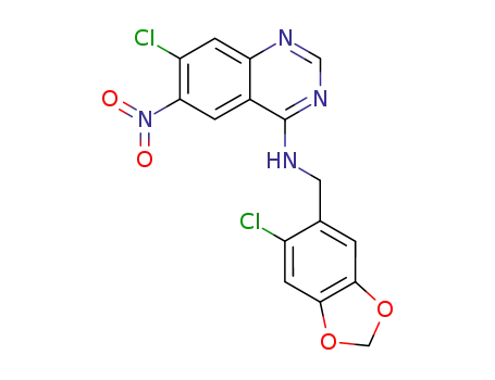 Molecular Structure of 1026941-78-5 ((6-chloro-benzo[1,3]dioxol-5-ylmethyl)-(7-chloro-6-nitro-quinazolin-4-yl)-amine)