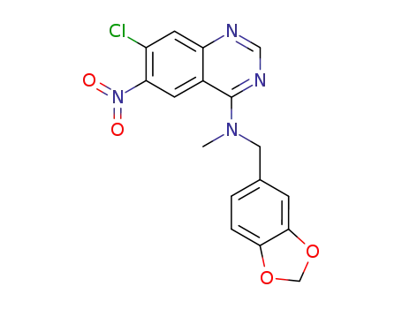 Molecular Structure of 633308-48-2 (4-Quinazolinamine,
N-(1,3-benzodioxol-5-ylmethyl)-7-chloro-N-methyl-6-nitro-)