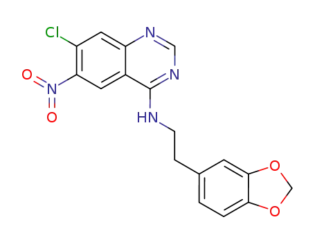 Molecular Structure of 1027730-32-0 ((2-benzo[1,3]dioxol-5-yl-ethyl)-(7-chloro-6-nitro-quinazolin-4-yl)-amine)