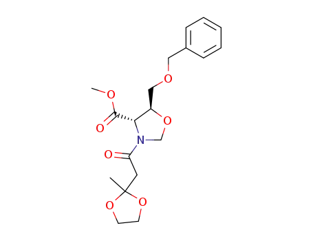 Molecular Structure of 66646-74-0 (5<i>t</i>-benzyloxymethyl-3-[(2-methyl-[1,3]dioxolan-2-yl)-acetyl]-oxazolidine-4<i>r</i>-carboxylic acid methyl ester)