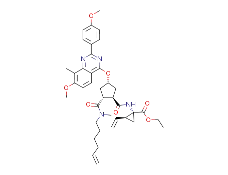 Molecular Structure of 923275-12-1 ((1R,2S)-1-({(1R,2R,4R)-2-(hex-5-enyl-methyl-carbamoyl)-4-[7-methoxy-2-(4-methoxy-phenyl)-8-methyl-quinazolin-4-yloxy]-cyclopentanecarbonyl}-amino)-2-vinyl-cyclopropanecarboxylic acid ethyl ester)