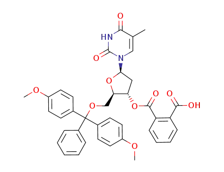 Molecular Structure of 76958-47-9 (Phthalic acid mono-[(2R,3S,5R)-2-[bis-(4-methoxy-phenyl)-phenyl-methoxymethyl]-5-(5-methyl-2,4-dioxo-3,4-dihydro-2H-pyrimidin-1-yl)-tetrahydro-furan-3-yl] ester)