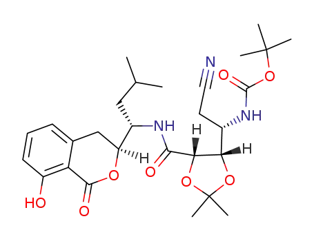 Molecular Structure of 118868-06-7 (((S)-2-Cyano-1-{(4S,5S)-5-[(S)-1-((S)-8-hydroxy-1-oxo-isochroman-3-yl)-3-methyl-butylcarbamoyl]-2,2-dimethyl-[1,3]dioxolan-4-yl}-ethyl)-carbamic acid tert-butyl ester)