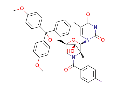 Molecular Structure of 1260237-90-8 ((1R,3R,4R,7S)-1-(4,4'-Dimethoxytrityloxymethyl)-7-hydroxy-5-(4-iodobenzoyl)-3-(thymin-1-yl)-2-oxa-5-azabicyclo[2.2.1]heptane)