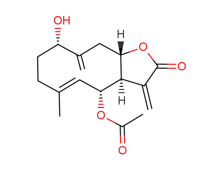 Molecular Structure of 85847-65-0 ((3aR,4R,5Z,9S,11aS)-9-hydroxy-6-methyl-3,10-dimethylidene-2-oxo-2,3,3a,4,7,8,9,10,11,11a-decahydrocyclodeca[b]furan-4-yl acetate)