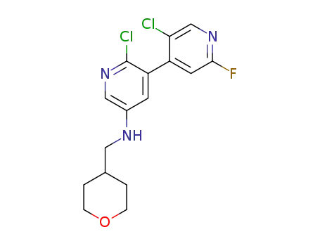 Molecular Structure of 1378034-60-6 (2,5'-dichloro-2'-fluoro-N-((tetrahydro-2H-pyran-4-yl)methyl)-3,4'-bipyridin-5-amine)