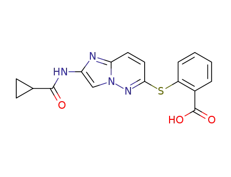 Molecular Structure of 1005785-02-3 (2-({2-[(cyclopropylcarbonyl)amino]imidazo[1,2-b]pyridazin-6-yl}thio)benzoic acid)