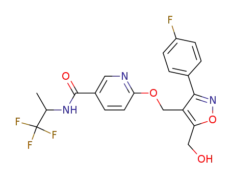 Molecular Structure of 1246924-12-8 (6-[3-(4-Fluoro-phenyl)-5-hydroxymethyl-isoxazol-4-ylmethoxy]-N-(2,2,2-trifluoro-1-methyl-ethyl)-nicotinamide)