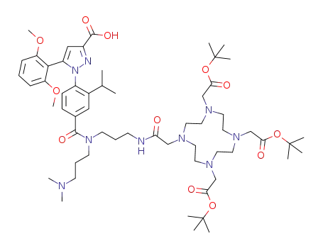 Molecular Structure of 1613265-64-7 (1-{4-[(3-DOTA(tBu)<sub>3</sub>-aminopropyl)-(3-dimethylaminopropyl)carbamoyl]-2-isopropylphenyl}-5-(2,6-dimethoxyphenyl)-1H-pyrazole-3-carboxylic acid)