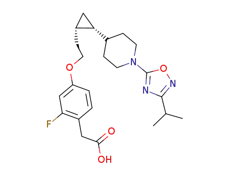 Molecular Structure of 1402555-24-1 (2-fluoro-4-(2-{(1S,2R)-[1-(3-isopropyl-1,2,4-oxadiazol-5-yl)piperidin-4-yl]cyclopropyl}ethoxy)phenyl acetic acid)