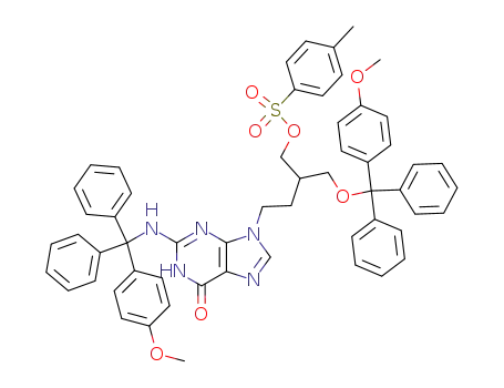 Molecular Structure of 206067-84-7 (6H-PURIN-6-ONE, 1,9-DIHYDRO-9-[3-[[(4-METHOXYPHENYL)DIPHENYLMETHOXY]METHYL]-4-[[(4-METHYLPHENYL)SULFONYL]OXY]BUTYL]-2-[[(4-METHOXYPHENYL)DIPHENYLMETHYL]AMINO]-)