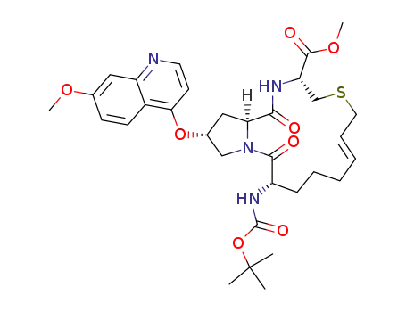 Molecular Structure of 770742-73-9 ((E)-(2R,5S,14R,16aS)-5-tert-Butoxycarbonylamino-2-(7-methoxy-quinolin-4-yloxy)-4,16-dioxo-1,2,3,4,5,6,7,8,11,13,14,15,16,16a-tetradecahydro-12-thia-3a,15-diaza-cyclopentacyclopentadecene-14-carboxylic acid methyl ester)