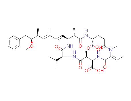Molecular Structure of 141672-08-4 ((2Z,5R,6S,9S,12S,13S,16R)-2-ethylidene-12-[(1E,3E,5S,6S)-6-methoxy-3,5-dimethyl-7-phenylhepta-1,3-dien-1-yl]-1,6,13-trimethyl-9-(1-methylethyl)-3,7,10,14,19-pentaoxo-1,4,8,11,15-pentaazacyclononadecane-5,16-dicarboxylic acid)