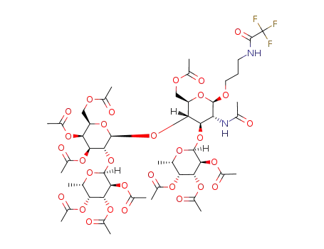 Molecular Structure of 1007115-73-2 (3-trifluoroacetamidoprop-1-yl 2-acetamido-6-O-acetyl-3-O-(2,3,4-tri-O-acetyl-α-L-fucopyranosyl)-4-O-[2-O-(2,3,4-tri-O-acetyl-α-L-fucopyranosyl)-3,4,6-tri-O-acetyl-β-D-galactopyranosyl]-2-deoxy-β-D-glucopyranoside)