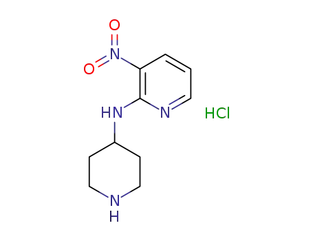 Molecular Structure of 1185316-09-9 ((3-Nitro-pyridin-2-yl)-piperidin-4-yl-aMine hydrochloride, 98+% C10H15ClN4O2, MW: 258.70)
