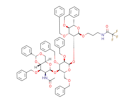 Molecular Structure of 497869-65-5 (3-trifluoroacetamidopropyl (2-acetamido-3-O-benzyl-4,6-O-benzylidene-2-deoxy-β-D-mannopyranosyl)-(1->4)-(2,3,6-tri-O-benzyl-α-D-glucopyranosyl)-(1->2)-3,4-di-O-benzyl-α-L-rhamnopyranoside)