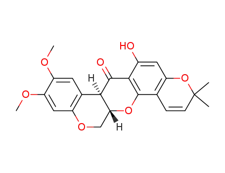 Molecular Structure of 111057-92-2 ((7aR,13aR)-6-hydroxy-9,10-dimethoxy-3,3-dimethyl-13,13a-dihydro-3H-chromeno[3,4-b]pyrano[2,3-h]chromen-7(7aH)-one)