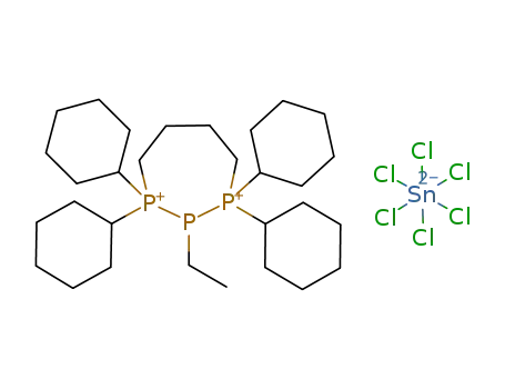 Molecular Structure of 1012075-16-9 ([(C<sub>6</sub>H<sub>11</sub>)2PCH<sub>2</sub>CH<sub>2</sub>CH<sub>2</sub>CH<sub>2</sub>P(C<sub>6</sub>H<sub>11</sub>)2P(C<sub>2</sub>H<sub>5</sub>)]<sup>(2+)</sup>*[SnCl<sub>6</sub>]<sup>(2-)</sup>=[(C<sub>6</sub>H<sub>11</sub>)2PCH<sub>2</sub>CH<sub>2</sub>CH<sub>2</sub>CH<sub>2</sub>P(C<sub>6</sub>H<sub>11</sub>)2P(C<sub>2</sub>H<sub>5</sub>)][SnCl<sub>6</sub>])