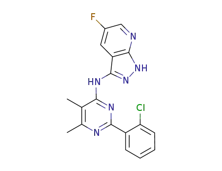 Molecular Structure of 1059172-55-2 (N-(2-(2-chlorophenyl)-5,6-dimethylpyrimidin-4-yl)-5-fluoro-1H-pyrazolo[3,4-b]pyridin-3-amine)