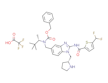 Molecular Structure of 1575821-11-2 (benzyl ((2-(5-(difluoromethyl)thiophene-2-carboxamido)-1-((R)-pyrrolidin-2-ylmethyl)-1H-benzo[d]imidazol-5-yl)-methyl)((S)-3,3-dimethylbutan-2-yl)carbamate trifluoroacetate)