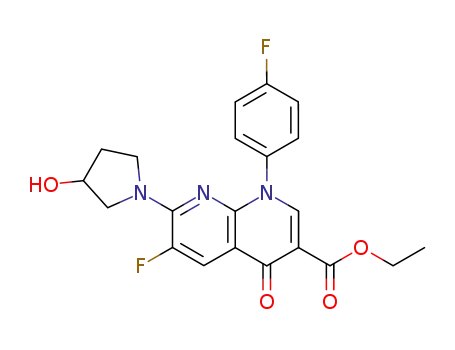 Molecular Structure of 100491-95-0 (6-Fluoro-1-(4-fluoro-phenyl)-7-(3-hydroxy-pyrrolidin-1-yl)-4-oxo-1,4-dihydro-[1,8]naphthyridine-3-carboxylic acid ethyl ester)