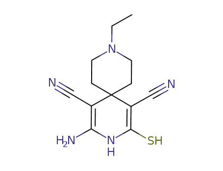 Molecular Structure of 311333-66-1 (10-amino-7,11-dicyano-3-ethyl-9-aza-3-azoniaspiro[5.5]undeca-7,10-diene-8-thiolate)